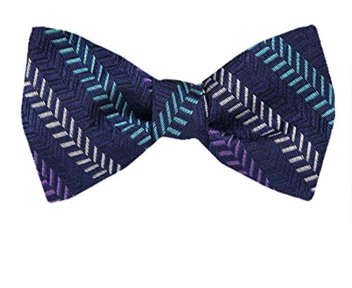 Herringbone Navy Aqua Lavender Silk Self-Tie Bow Tie