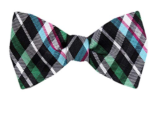 Green Turquoise Pink Black Plaid Silk Self-Tie Bow Tie