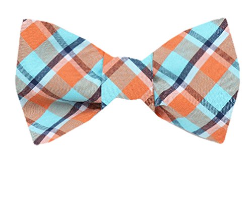 Orange Aqua Plaid Silk Self-Tie Bow Tie