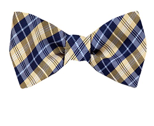 Gold Navy Plaid Silk Self-Tie Bow Tie