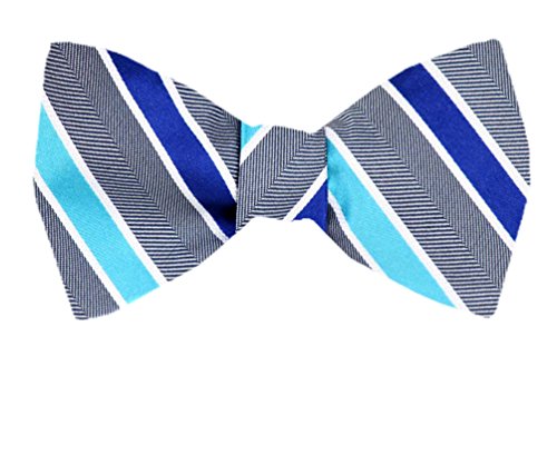 Gray Aqua Blue White Stripes Silk Self-Tie Bow Tie