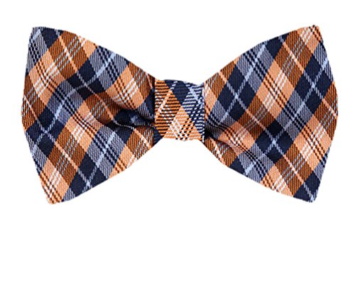 Orange Navy Blue Plaid Silk Self-Tie Bow Tie