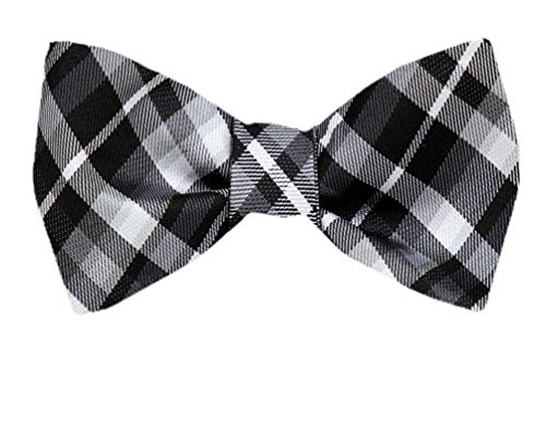 Black Gray Silver Plaid Silk Self-Tie Bow Tie